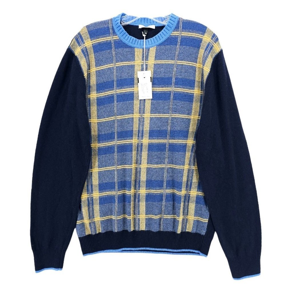 CODICE Sweater Wool Cashmere Blend Italian Yarn Blue Yellow Plaid Front EU 50